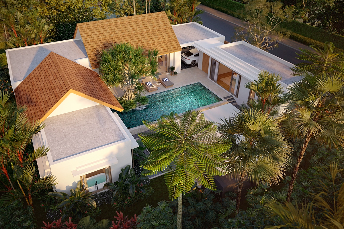 Aerial view of a single storey pool villa in Bangjo, Phuket