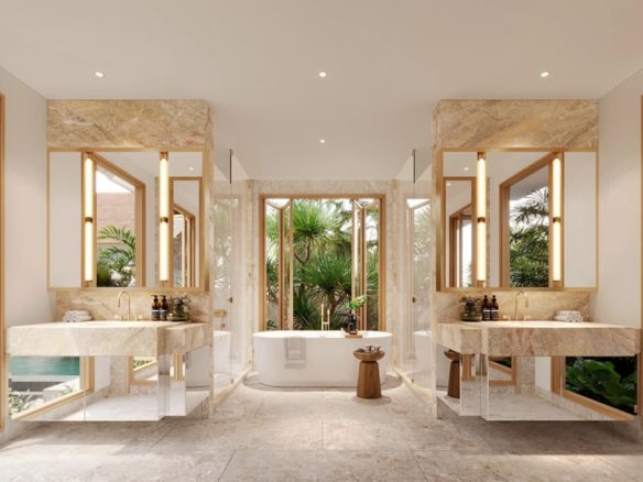 Bathroom with twin vanities and a freestanding bath at The Tales, Phuket