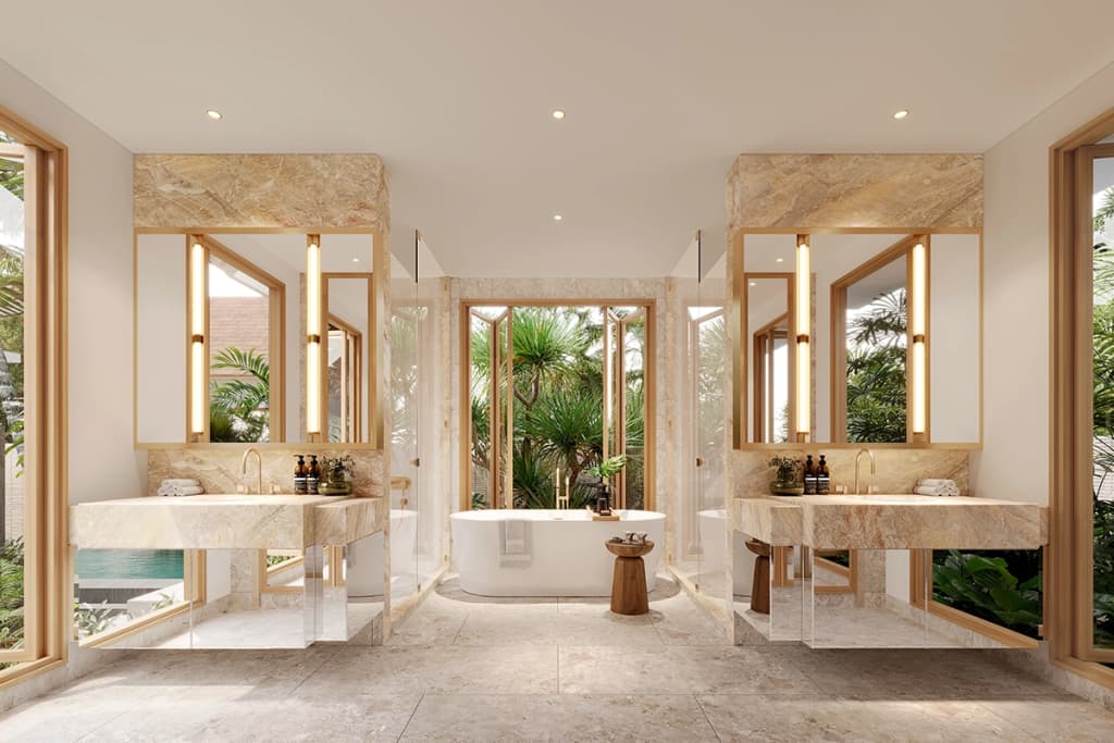 Bathroom with twin vanities and a freestanding bath at The Tales, Phuket