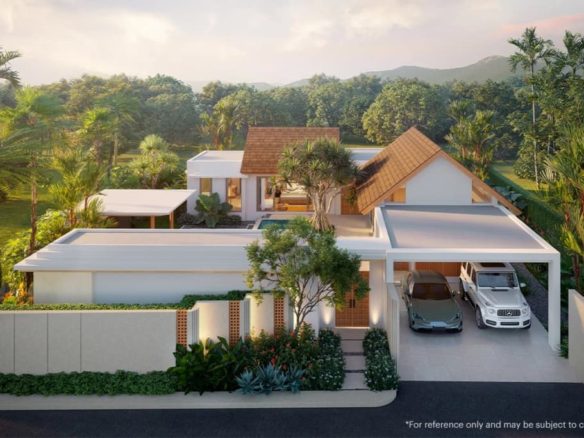 Front of a The Tales pool villa with covered parking for 2 cars, Bangjo, Phuket