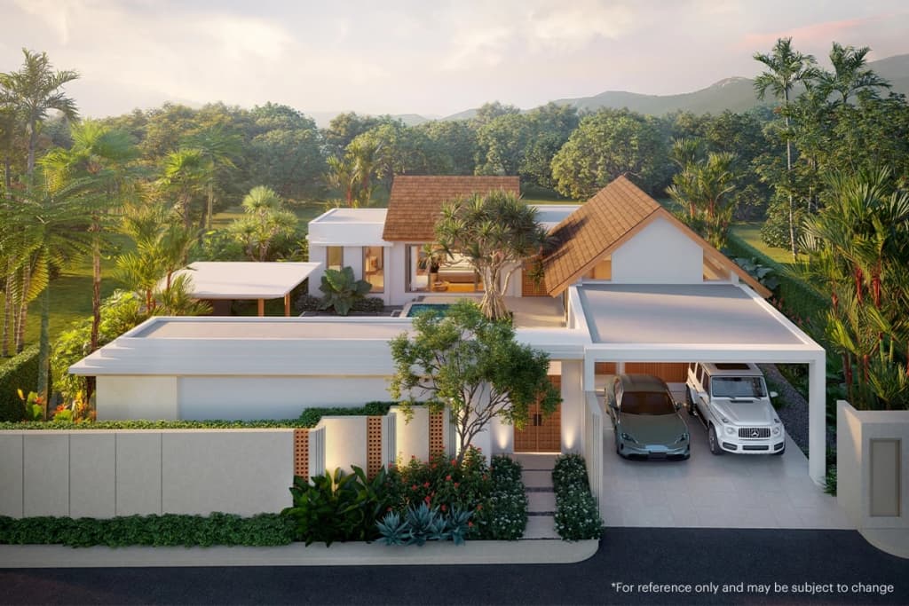 Front of a The Tales pool villa with covered parking for 2 cars, Bangjo, Phuket